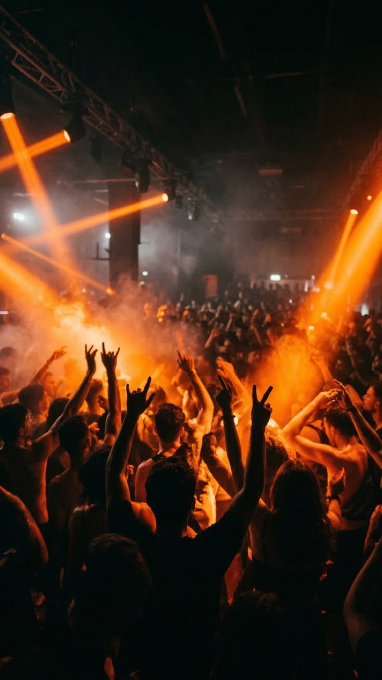 Une foule les mains levées sous les lumières orange d’un concert